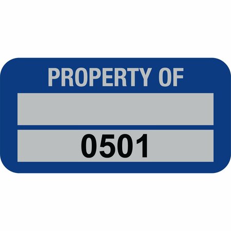 LUSTRE-CAL PROPERTY OF Label, 5 Alum Dark Blue 1.50in x 0.75in  1 Blank Pad & Serialized 0501-0600, 100PK 253769Ma2Bd0501